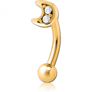 GOLD PVD COATED SURGICAL STEEL JEWELLED FANCY CURVED MICRO BARBELL - CRESCENT PRONGS PIERCING