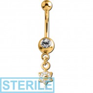STERILE GOLD PVD COATED SURGICAL STEEL JEWELLED MINI NAVEL BANANA WITH FLOWER CHARM PIERCING