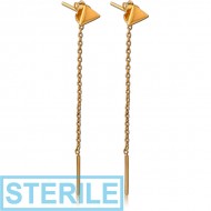 STERILE STERLING SILVER 925 GOLD PVD COATED EARRINGS PAIR - TRIANGLE STUD WITH HANGING BAR