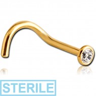 STERILE GOLD PVD COATED TITANIUM OPTIMA CRYSTAL JEWELLED CURVED NOSE STUD PIERCING