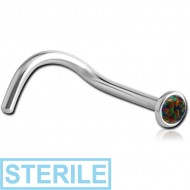 STERILE SURGICAL STEEL JEWELLED CURVED NOSE STUD WITH SYNTHETIC OPAL PIERCING