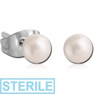 STERILE PAIR OF SYNTHETIC PEARL BALL EAR STUDS PIERCING