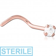 STERILE ROSE GOLD PVD COATED SURGICAL STEEL CURVED PRONG SET 2MM JEWELLED NOSE STUD PIERCING
