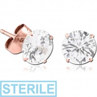 STERILE ROSE GOLD PVD COATED SURGICAL STEEL ROUND PRONG SET JEWELLED EAR STUDS PAIR PIERCING