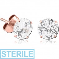 STERILE ROSE GOLD PVD COATED SURGICAL STEEL ROUND PRONG SET JEWELLED EAR STUDS PAIR