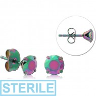 STERILE RAINBOW PVD COATED SURGICAL STEEL ROUND PRONG SET JEWELLED EAR STUDS PAIR