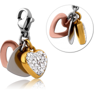 SURGICAL STEEL CRYSTALINE JEWELLED TRIPLE TONE CHARM WITH LOBSTER LOCKER - HEART