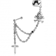 SURGICAL STEEL JEWELLED EAR CUFF CHAIN WITH CROSSBONES SKULL AND CROSS