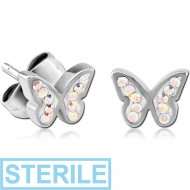 STERILE SURGICAL STEEL CRYSTALINE JEWELLED EAR STUDS PAIR - BUTTERFLY