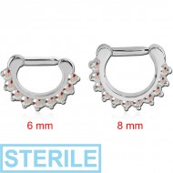 STERILE SURGICAL STEEL ROUND PRONG SET JEWELLED HINGED SEPTUM CLICKER RING PIERCING