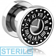STERILE STAINLESS STEEL THREADED TUNNEL WITH SURGICAL STEEL TOP - VINTAGE ANALOG CLOCK PIERCING