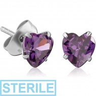 STERILE SURGICAL STEEL HEART PRONG SET JEWELLED EAR STUDS PAIR