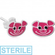 STERILE STERLING SILVER 925 EAR STUDS PAIR WITH ENAMEL - PIG