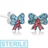 STERILE STERLING SILVER 925 CRYSTALINE EAR STUDS PAIR - BOW PIERCING