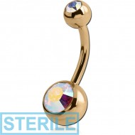 STERILE ZIRCON GOLD PVD COATED SURGICAL STEEL DOUBLE SWAROVSKI CRYSTALS JEWELLED NAVEL BANANA PIERCING