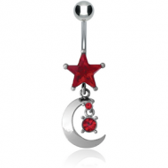 RHODIUM PLATED BRASS JEWELLED STAR NAVEL BANANA WITH MOON CHARM PIERCING