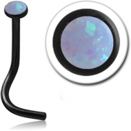 BLACK PVD COATED SURGICAL STEEL JEWELLED CURVED NOSE STUD WITH SYNTHETIC OPAL PIERCING