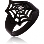 BLACK PVD COATED SURGICAL STEEL JEWELLED RING - SPIDER WEB