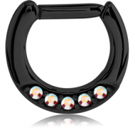 BLACK PVD COATED SURGICAL STEEL ROUND JEWELLED HINGED SEPTUM CLICKER PIERCING