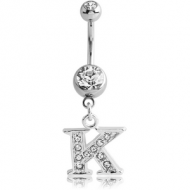 SURGICAL STEEL DOUBLE JEWELLED NAVEL BANANA WITH JEWELLED LETTER CHARM - K