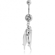 SURGICAL STEEL DOUBLE JEWELLED NAVEL BANANA WITH FEATHER SHADOW CHARM PIERCING