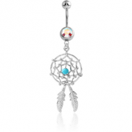 SURGICAL STEEL JEWELLED NAVEL BANANA WITH DREAMCATCHER FEATHERS CHARM PIERCING