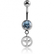 SURGICAL STEEL JEWELLED NAVEL BANANA WITH DANGLING CHARM - PEACE SIGN PIERCING