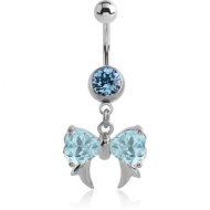 SURGICAL STEEL JEWELLED NAVEL BANANA WITH DANGLING CHARM - BOW WITH FANGS PIERCING