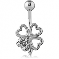 RHODIUM PLATED BRASS JEWELLED NAVEL BANANA - SHAMROCK