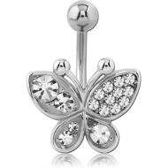 RHODIUM PLATED BRASS JEWELLED NAVEL BANANA - BUTTERFLY