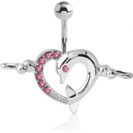 RHODIUM PLATED BRASS JEWELLED NAVEL BANANA - DOLPHIN HEART BELLY CLIP PIERCING