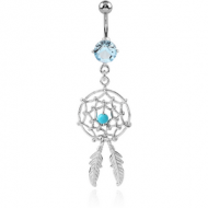 RHODIUM PLATED BRASS JEWELLED NAVEL BANANA WITH DANGLING CHARM - DREAMCATCHER FEATHER