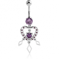 RHODIUM PLATED BRASS JEWELLED NAVEL BANANA WITH DANGLING CHARM - HEART PIERCING