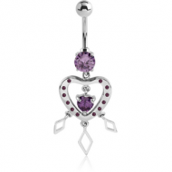 RHODIUM PLATED BRASS JEWELLED NAVEL BANANA WITH DANGLING CHARM - HEART