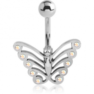 RHODIUM PLATED BRASS JEWELLED NAVEL BANANA WITH DANGLING CHARM - BUTTERFLY PIERCING