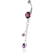 RHODIUM PLATED BRASS JEWELLED NAVEL BANANA WITH DANGLING CHARM - PEAR AND ROUND PIERCING