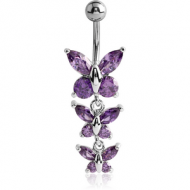 RHODIUM PLATED BRASS JEWELLED BUTTERFLY NAVEL BANANA WITH DANGLING CHARM - BUTTERFLY PIERCING