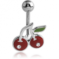 RHODIUM PLATED BRASS JEWELLED NAVEL BANANA WITH ENAMEL - CHERRIES PIERCING