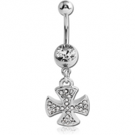 SURGICAL STEEL JEWELLED NAVEL BANANA WITH DANGLING CHARM - IRON CROSS