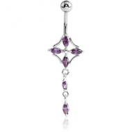 RHODIUM PLATED BRASS JEWELLED FLOWER NAVEL BANANA WITH DANGLING CHARM - DROPS PIERCING