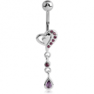 RHODIUM PLATED BRASS JEWELLED HEART NAVEL BANANA WITH DANGLING CHARM - DROP PIERCING
