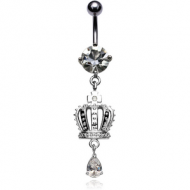 RHODIUM PLATED BRASS JEWELLED NAVEL BANANA WITH DANGLING CHARM - CROWN PIERCING