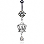 RHODIUM PLATED BRASS JEWELLED NAVEL BANANA WITH DANGLING CHARM - CROWN