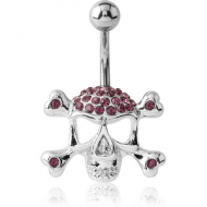 RHODIUM PLATED BRASS CRYSTALINE JEWELLED NAVEL BANANA - SKULL CROSSBONES PIERCING