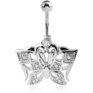 RHODIUM PLATED BRASS JEWELLED NAVEL BANANA - BUTTERFLY PIERCING