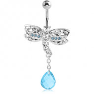 RHODIUM PLATED BRASS JEWELLED DRAGONFLY NAVEL BANANA WITH DANGLING CHARM - DROP PIERCING