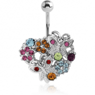 RHODIUM PLATED BRASS JEWELLED NAVEL BANANA - HEART WITH BUTTERFLIES PIERCING