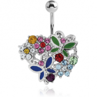 RHODIUM PLATED BRASS JEWELLED NAVEL BANANA WITH ENAMEL - HEART WITH BUTTERFLIES PIERCING