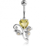 RHODIUM PLATED BRASS CRYSTALINE JEWELLED NAVEL BANANA - HEART FLOWER