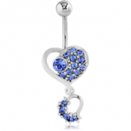 RHODIUM PLATED BRASS JEWELLED HEART NAVEL BANANA WITH DANGLING CHARM - HEART PIERCING